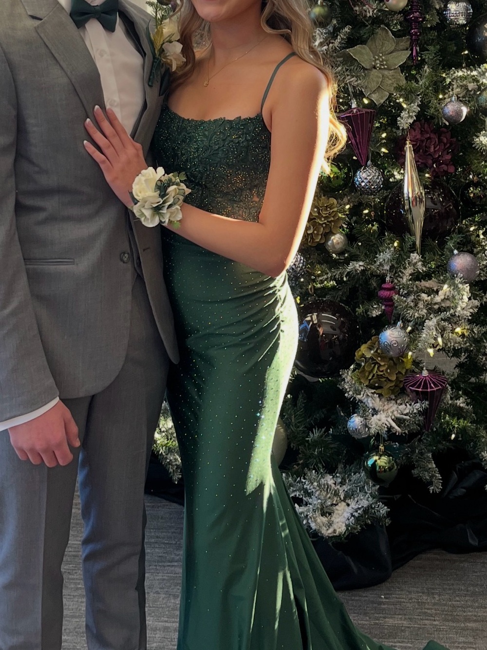 Emerald Green Beaded Spaghetti-Strap Prom Gown